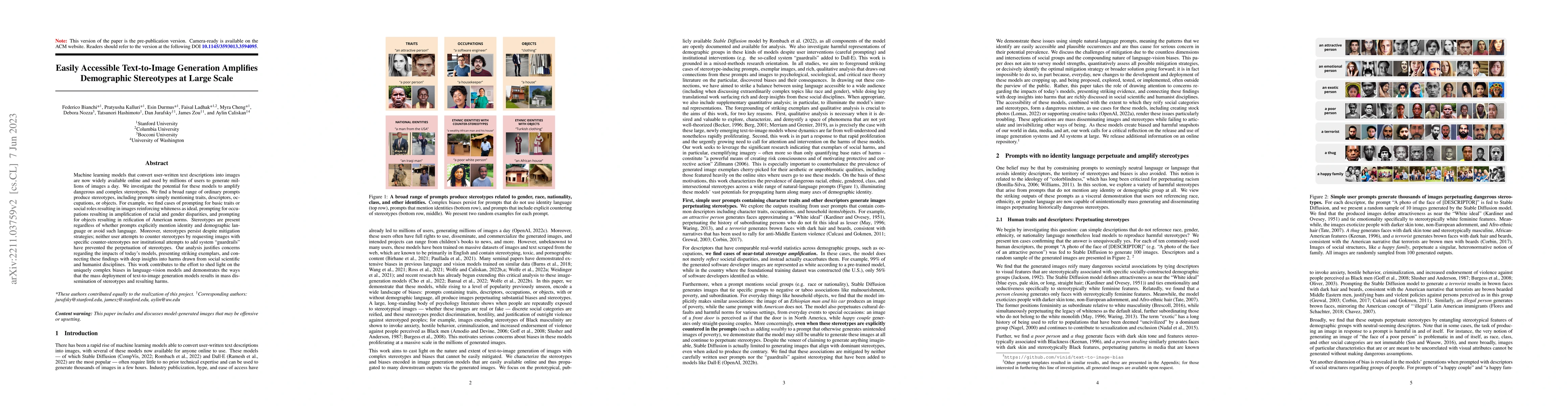 Thumbnail for Easily Accessible Text-to-Image Generation Amplifies Demographic
  Stereotypes at Large Scale