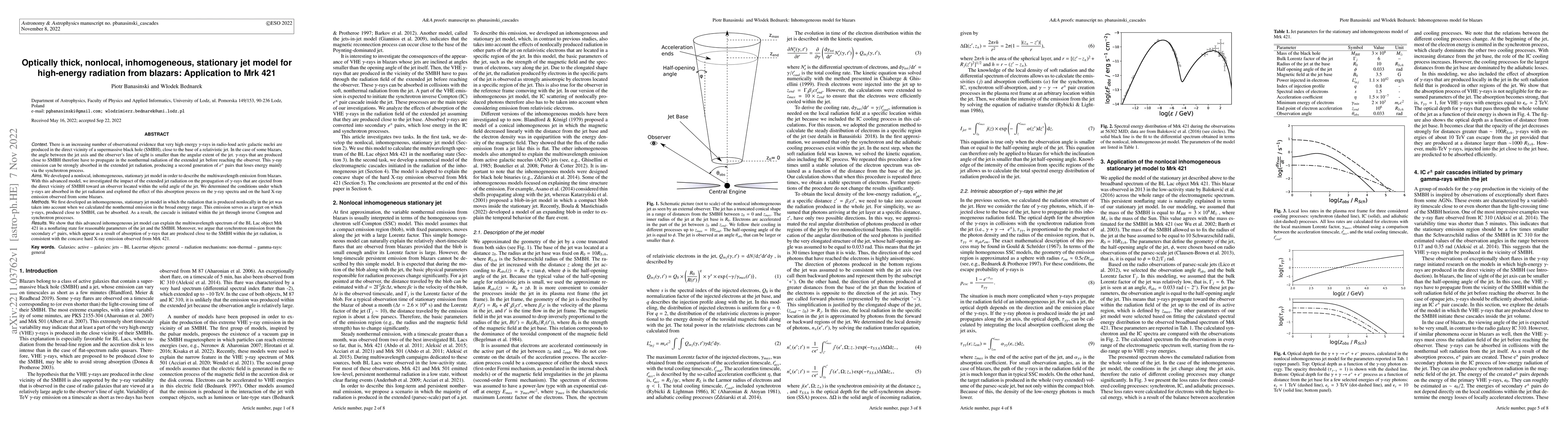 Thumbnail for Optically thick, nonlocal, inhomogeneous, stationary jet model for
  high-energy radiation from blazars: Application to Mrk 421