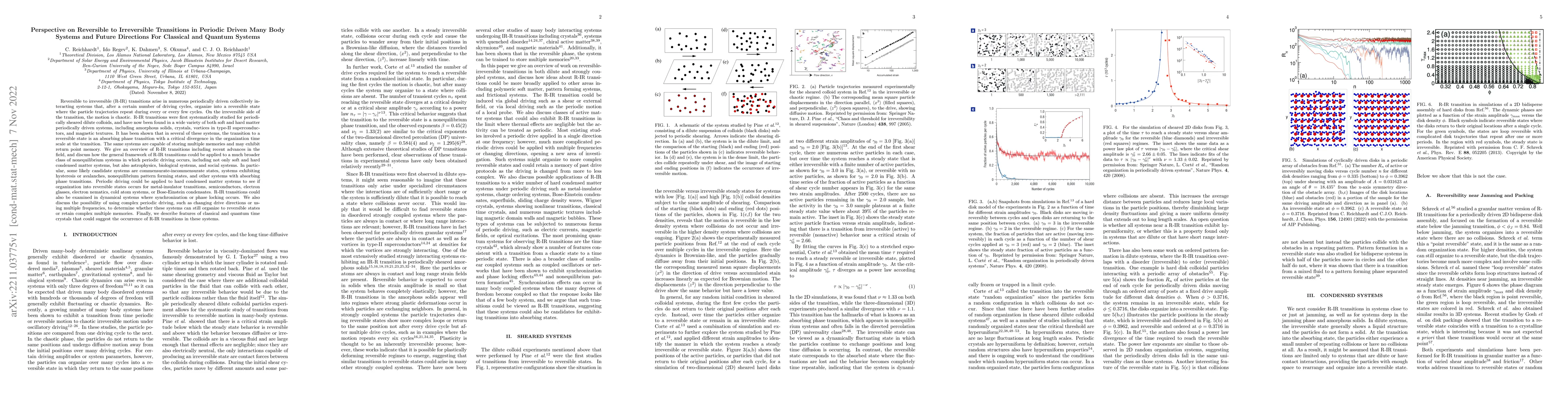 Thumbnail for Perspective on Reversible to Irreversible Transitions in Periodic Driven
  Many Body Systems and Future Directions For Classical and Quantum Systems