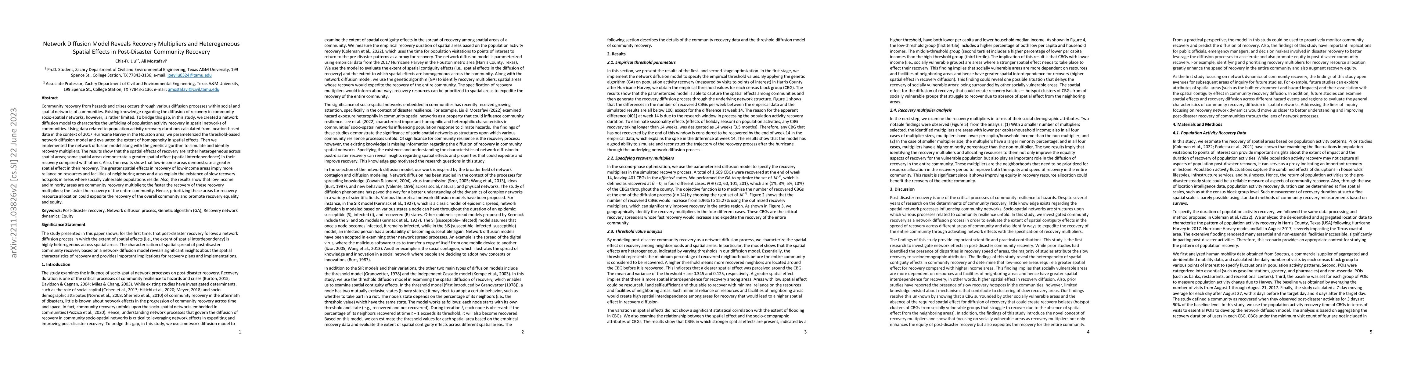 Thumbnail for Network Diffusion Model Reveals Recovery Multipliers and Heterogeneous
  Spatial Effects in Post-Disaster Community Recovery