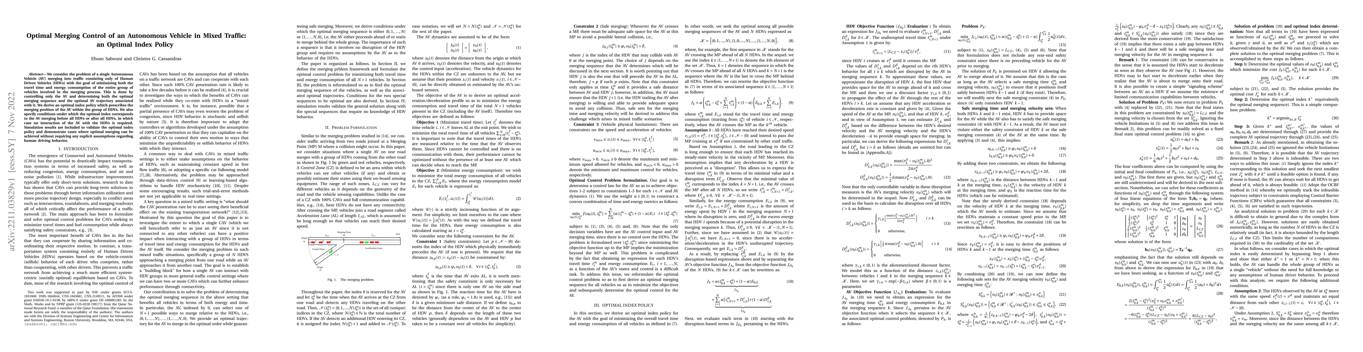 Thumbnail for Optimal Merging Control of an Autonomous Vehicle in Mixed Traffic: an
  Optimal Index Policy