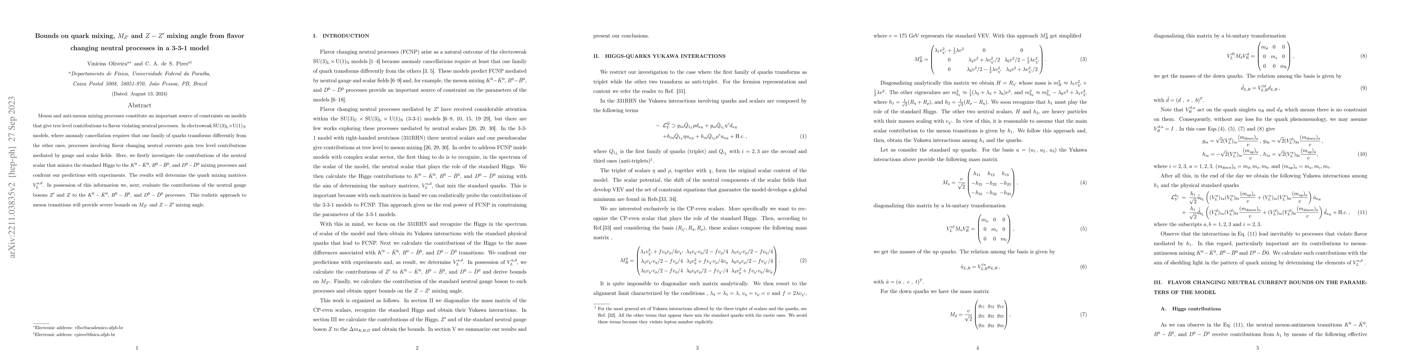 Thumbnail for Bounds on quark mixing, $M_{Z^{\prime}}$ and $Z-Z^{\prime}$ mixing angle
  from flavor changing neutral processes in a 3-3-1 model