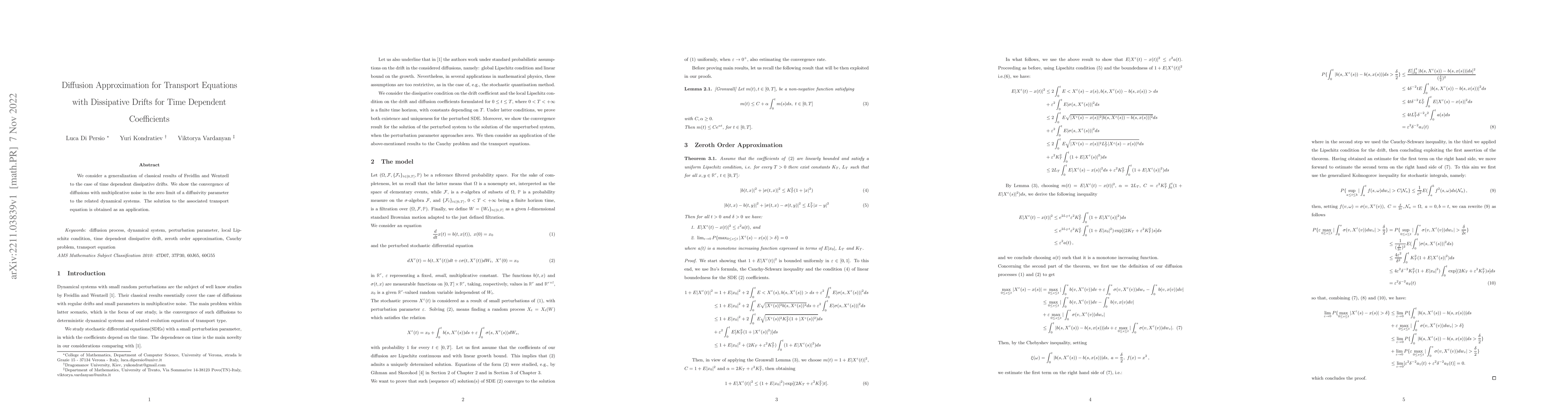 Thumbnail for Diffusion Approximation for Transport Equations with Dissipative Drifts
  for Time Dependent Coefficients