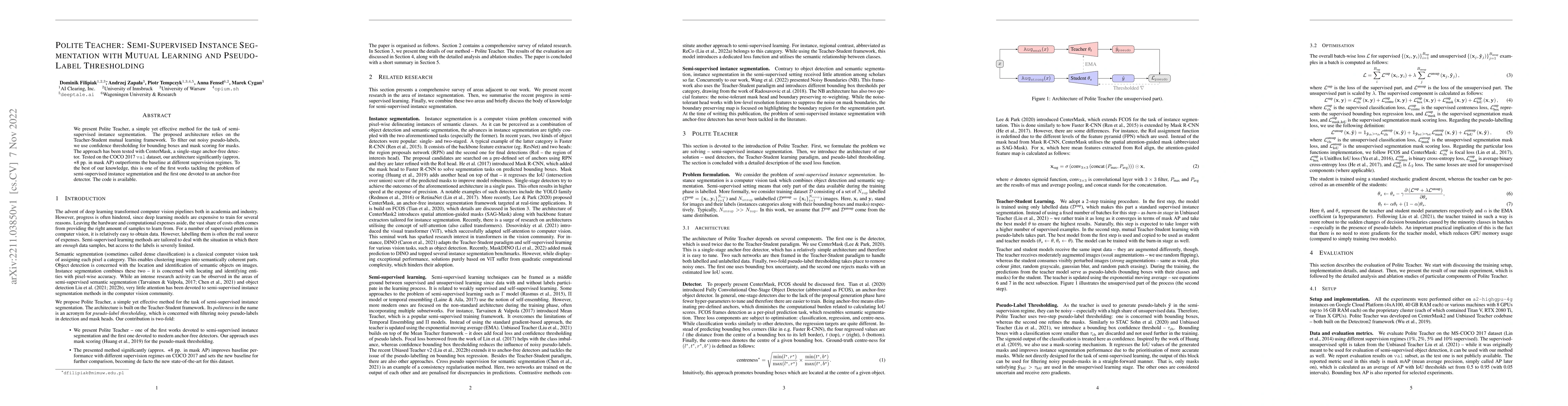 Thumbnail for Polite Teacher: Semi-Supervised Instance Segmentation with Mutual
  Learning and Pseudo-Label Thresholding
