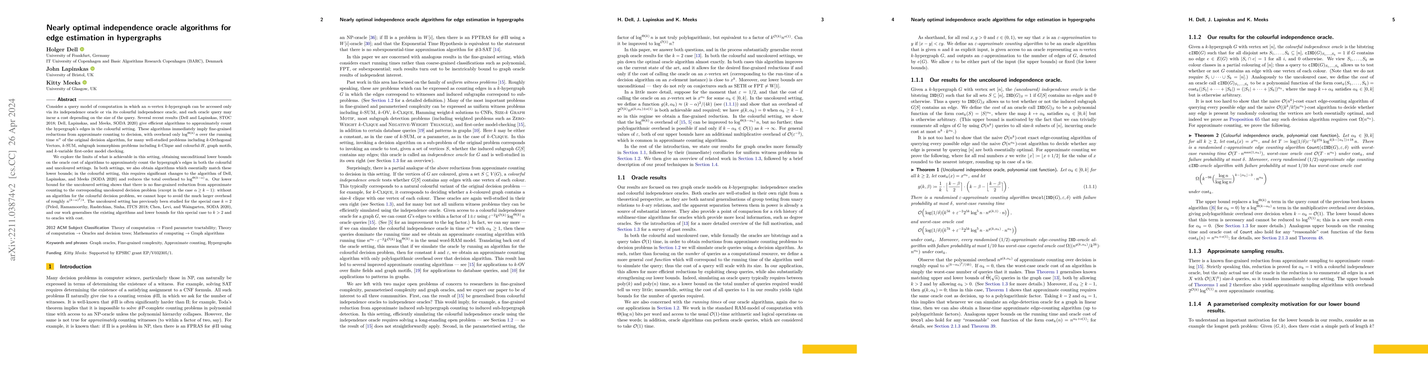 Thumbnail for Nearly optimal independence oracle algorithms for edge estimation in
  hypergraphs