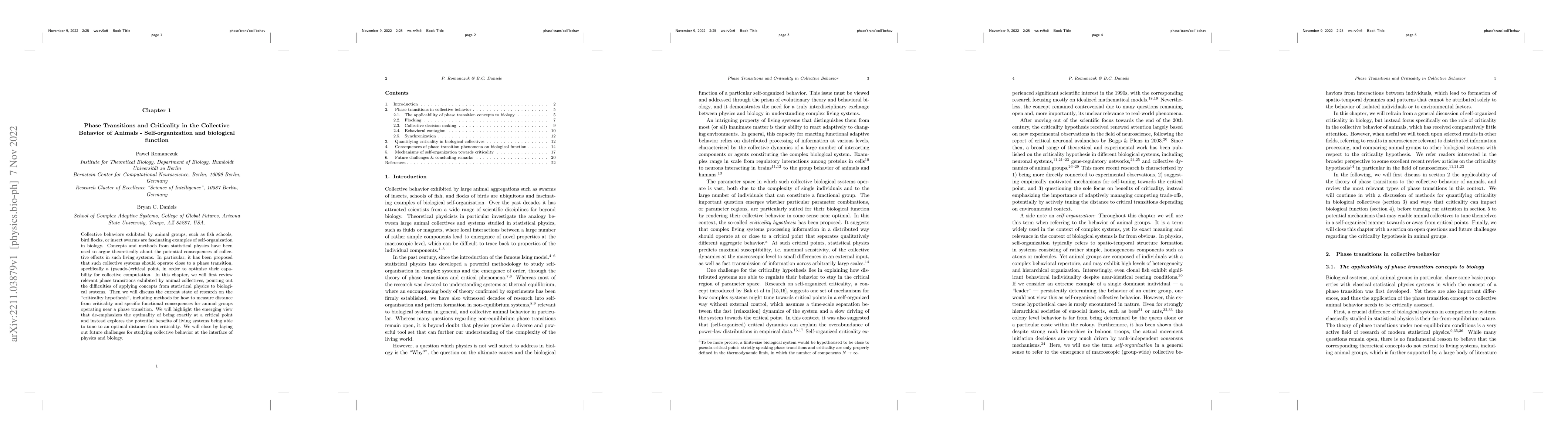 Thumbnail for Phase Transitions and Criticality in the Collective Behavior of Animals
  -- Self-organization and biological function