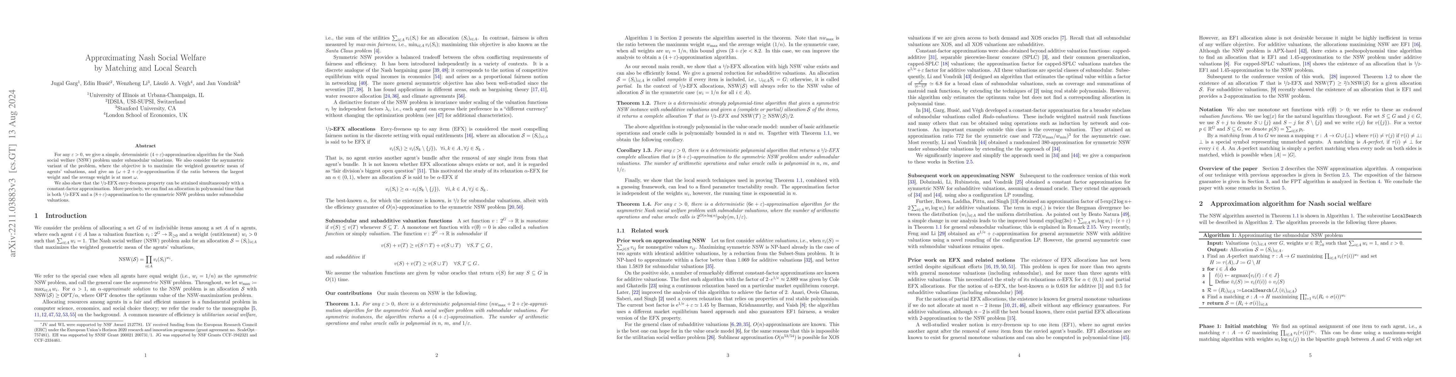 Thumbnail for Approximating Nash Social Welfare by Matching and Local Search