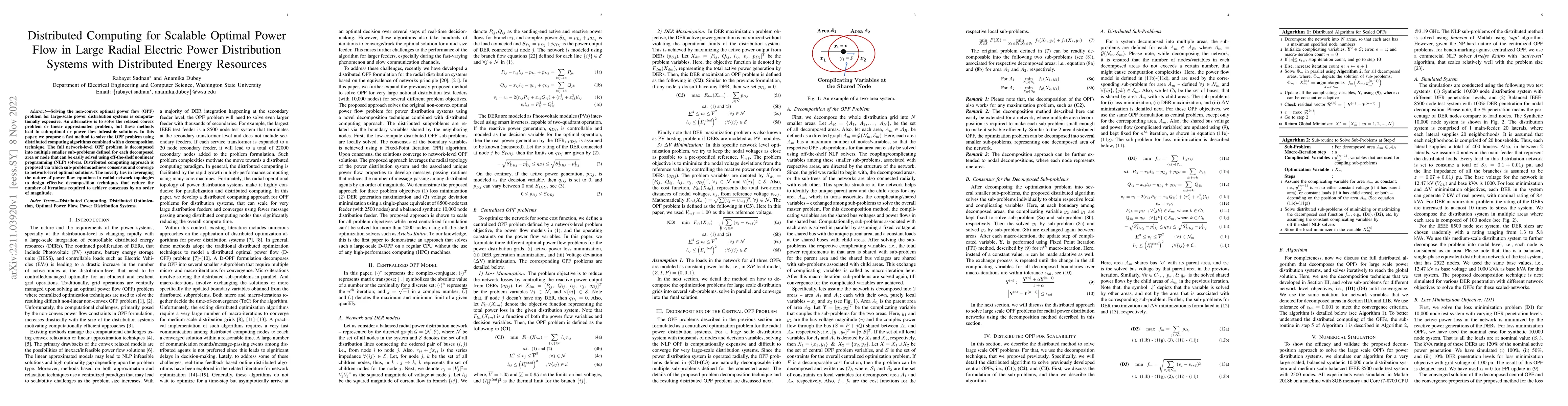 Thumbnail for Distributed Computing for Scalable Optimal Power Flow in Large Radial
  Electric Power Distribution Systems with Distributed Energy Resources
