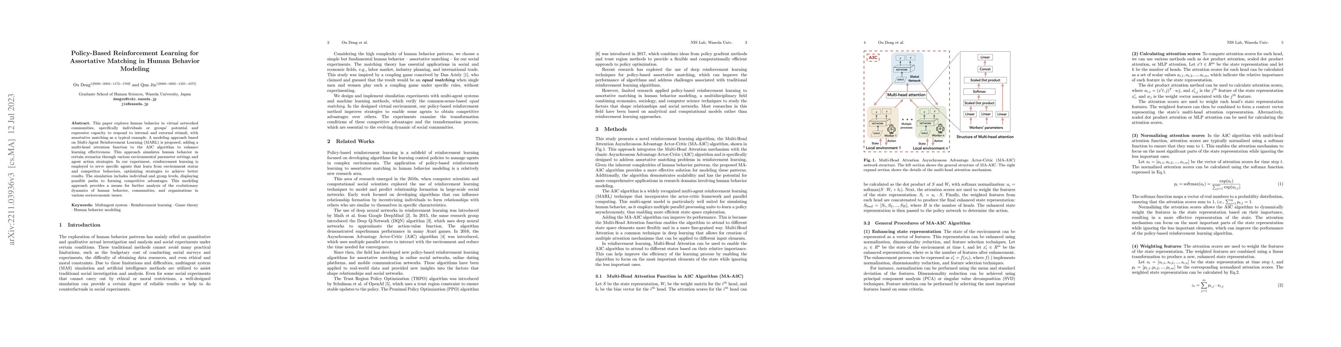 Thumbnail for Policy-Based Reinforcement Learning for Assortative Matching in Human
  Behavior Modeling