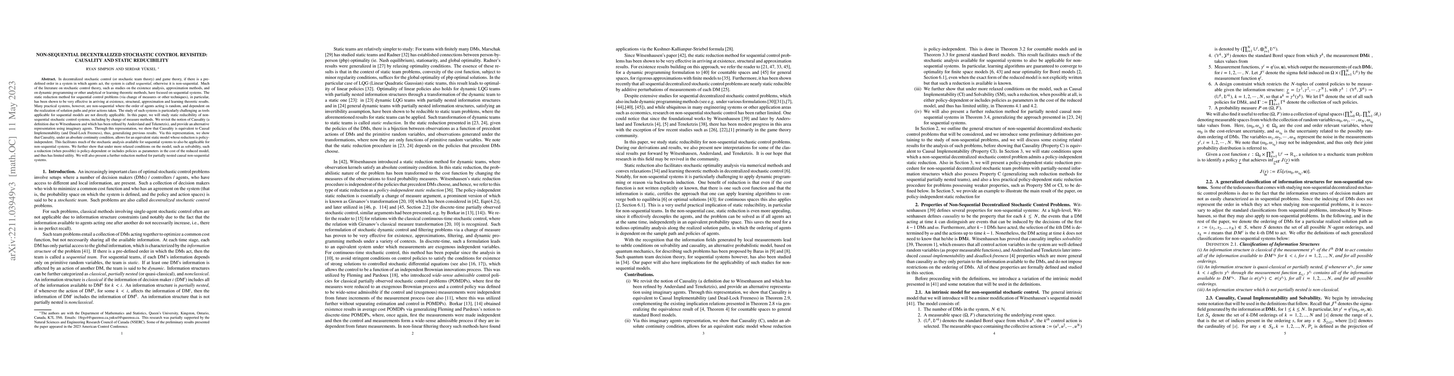 Thumbnail for Non-Sequential Decentralized Stochastic Control Revisited: Causality and
  Static Reducibility