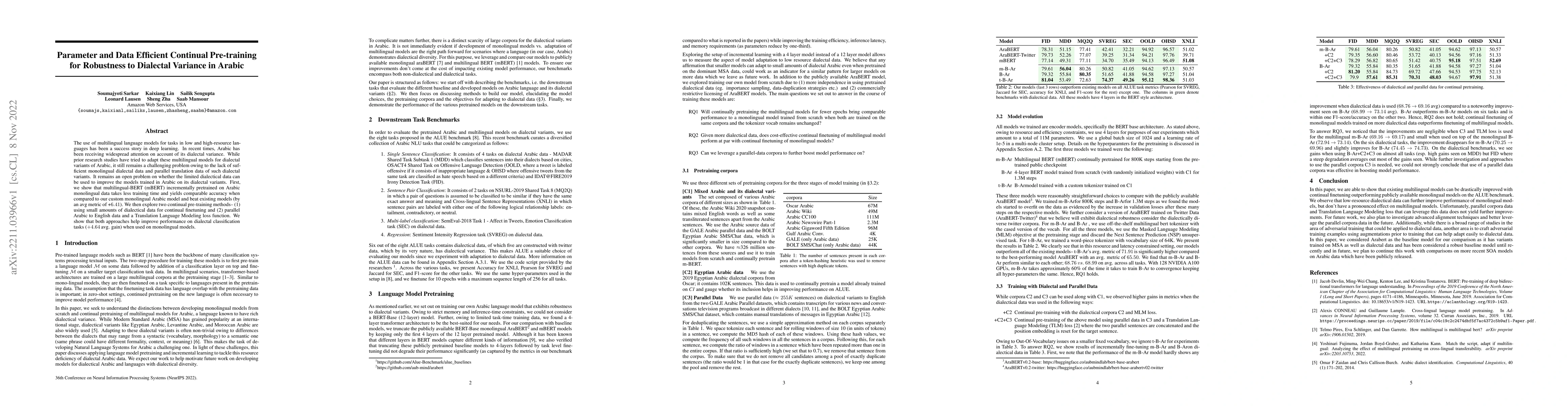 Thumbnail for Parameter and Data Efficient Continual Pre-training for Robustness to
  Dialectal Variance in Arabic