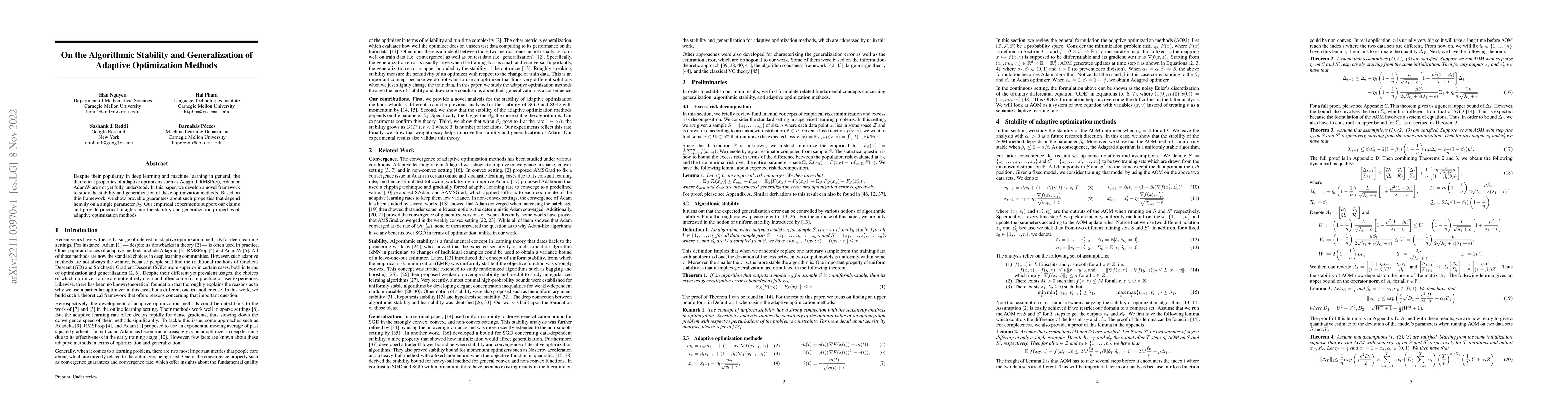 Thumbnail for On the Algorithmic Stability and Generalization of Adaptive Optimization
  Methods
