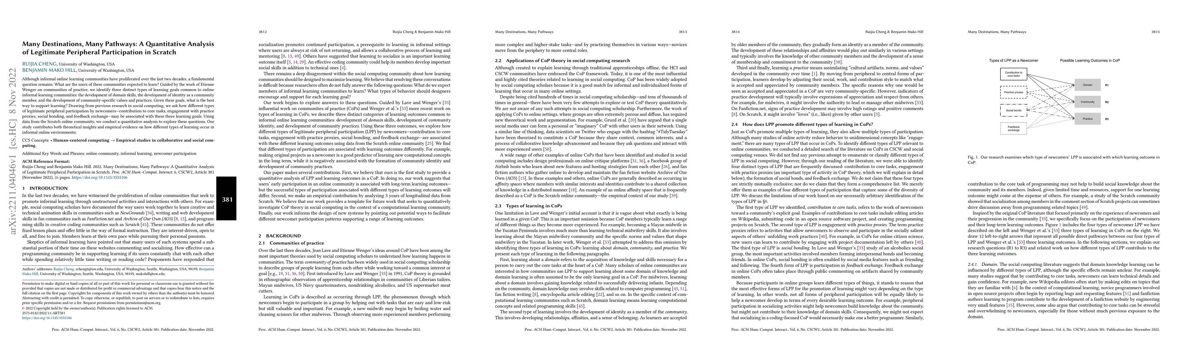 Thumbnail for Many Destinations, Many Pathways: A Quantitative Analysis of Legitimate
  Peripheral Participation in Scratch
