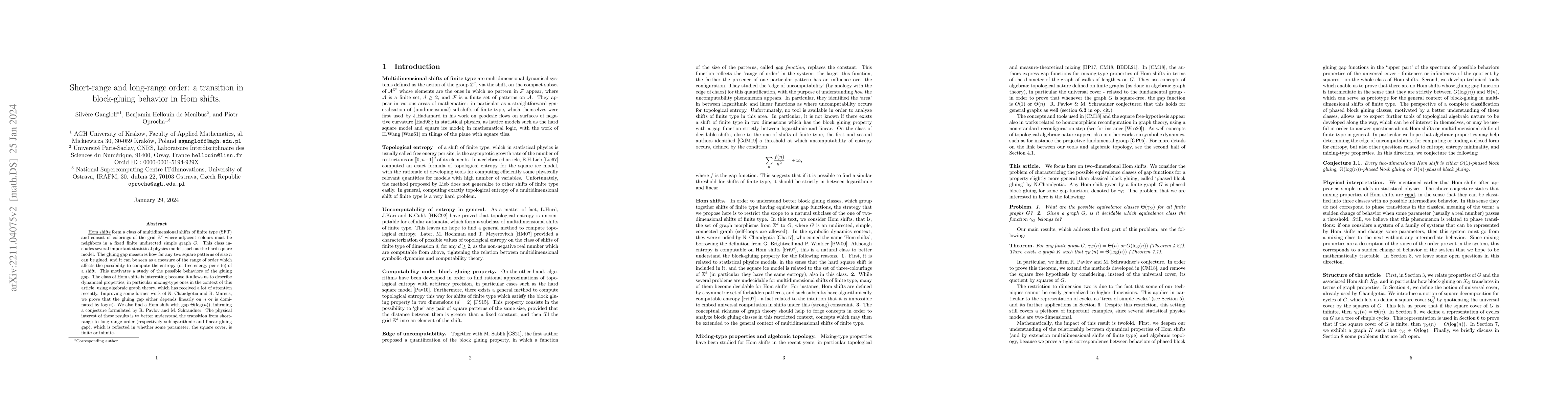 Thumbnail for Short-range and long-range order: a transition in block-gluing behavior
  in Hom shifts