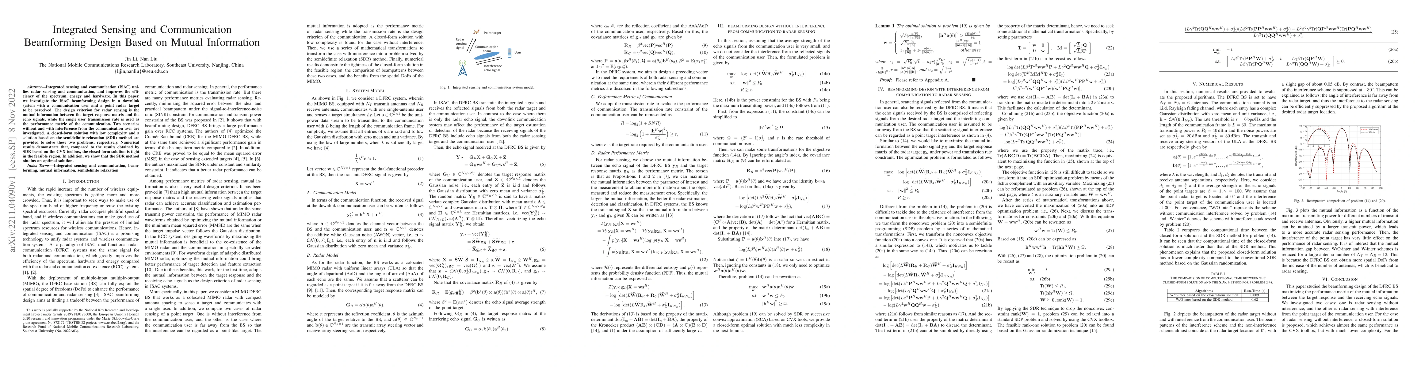 Thumbnail for Integrated Sensing and Communication Beamforming Design Based on Mutual
  Information