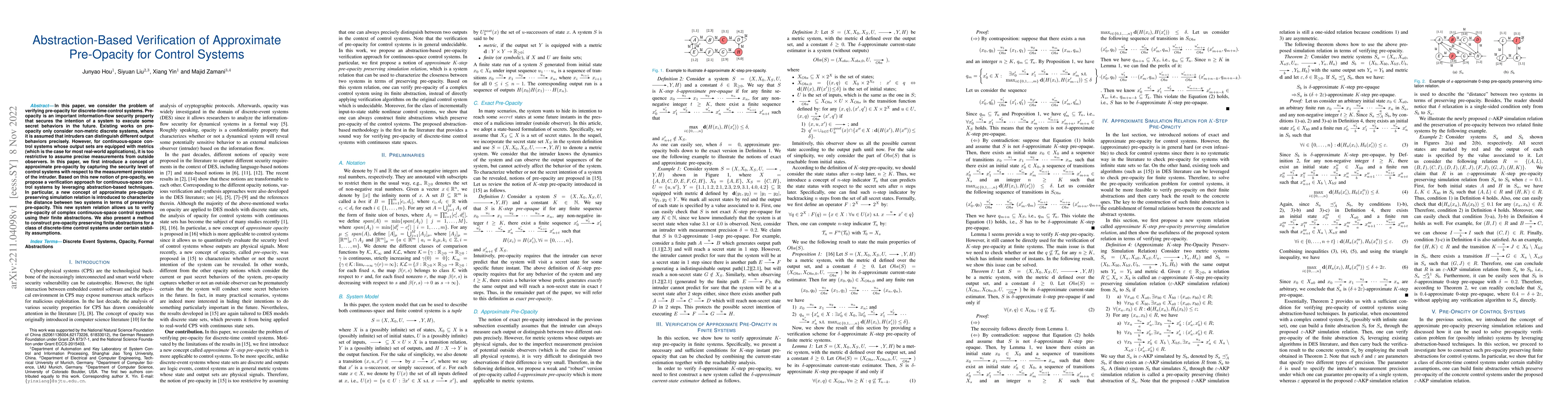 Thumbnail for Abstraction-Based Verification of Approximate Pre-Opacity for Control
  Systems