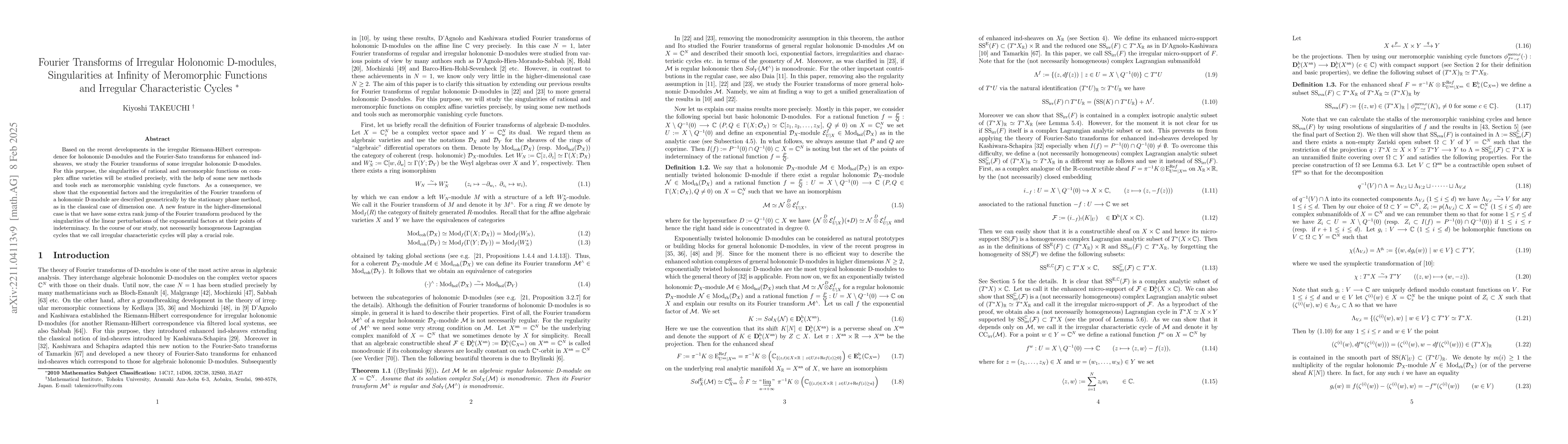 Thumbnail for Fourier transforms of irregular holonomic D-modules, singularities at
  infinity of meromorphic functions and irregular characteristic cycles
