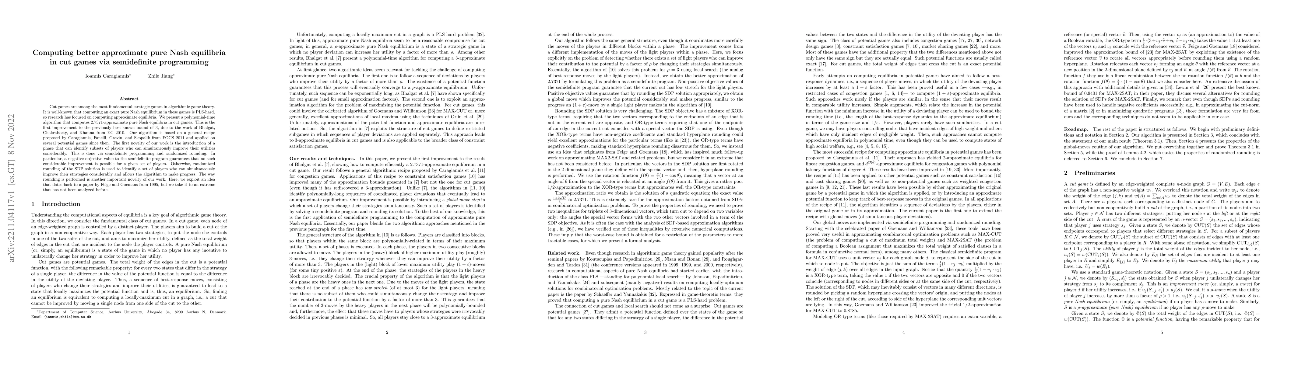 Thumbnail for Computing better approximate pure Nash equilibria in cut games via
  semidefinite programming