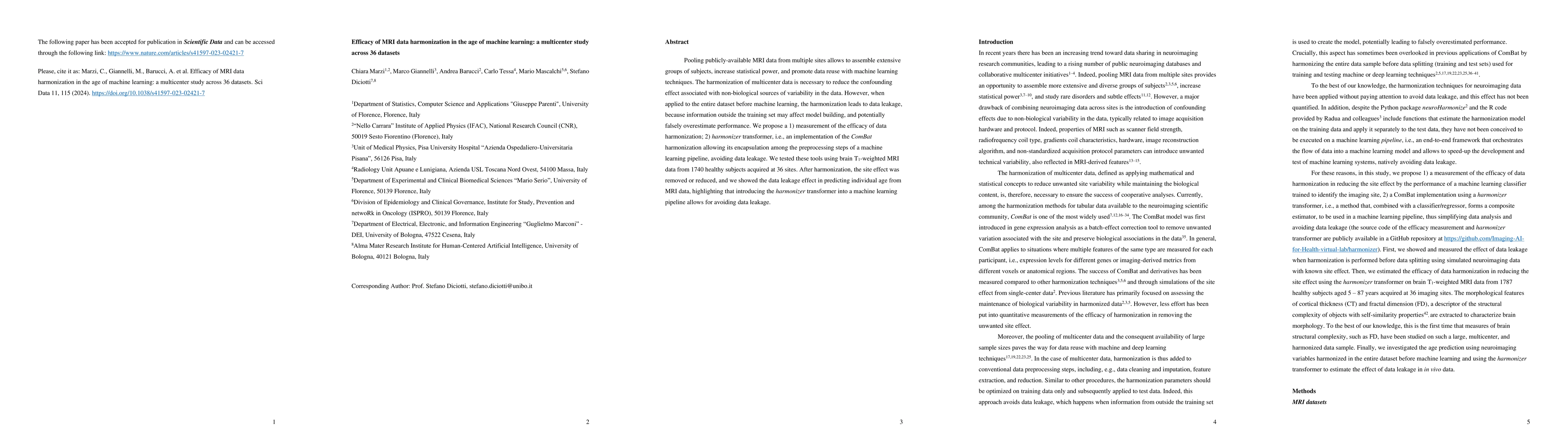 Thumbnail for Efficacy of MRI data harmonization in the age of machine learning. A
  multicenter study across 36 datasets