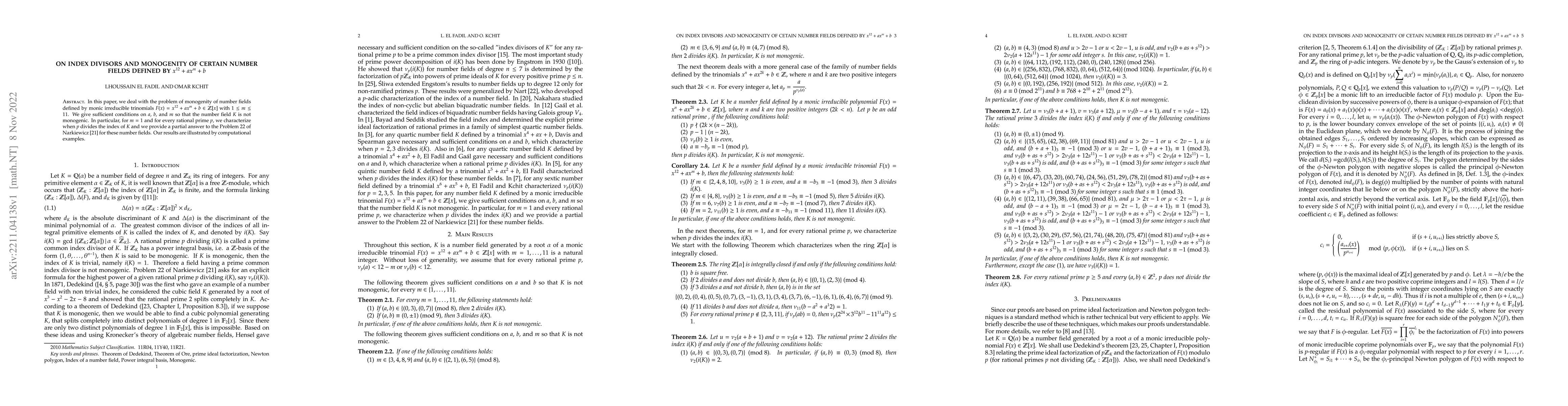 Thumbnail for On index divisors and monogenity of certain number fields defined by
  $x^{12}+ax^m+b$