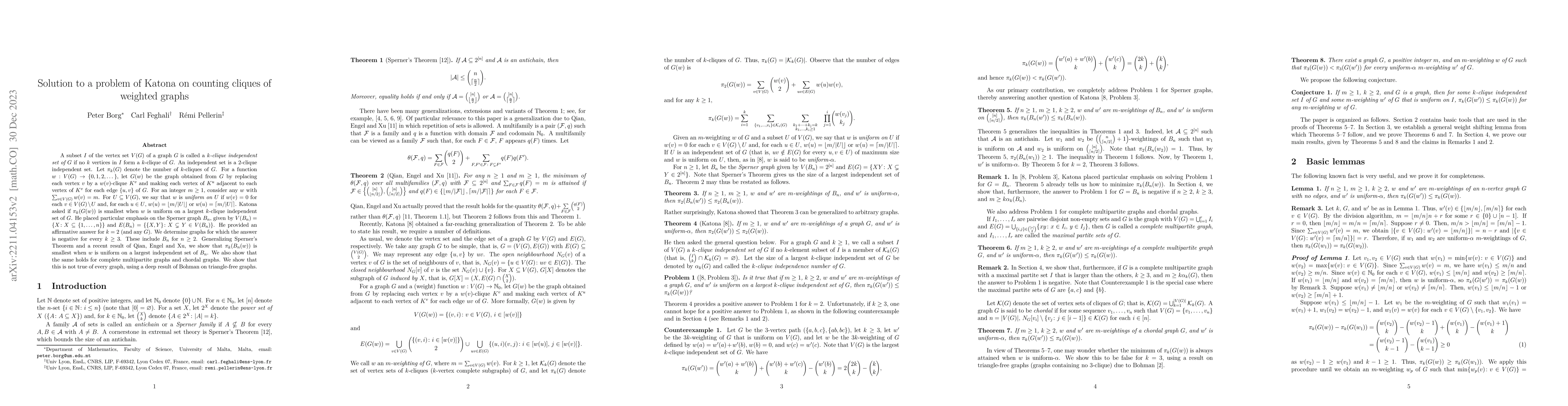 Thumbnail for Solution to a problem of Katona on counting cliques of weighted graphs