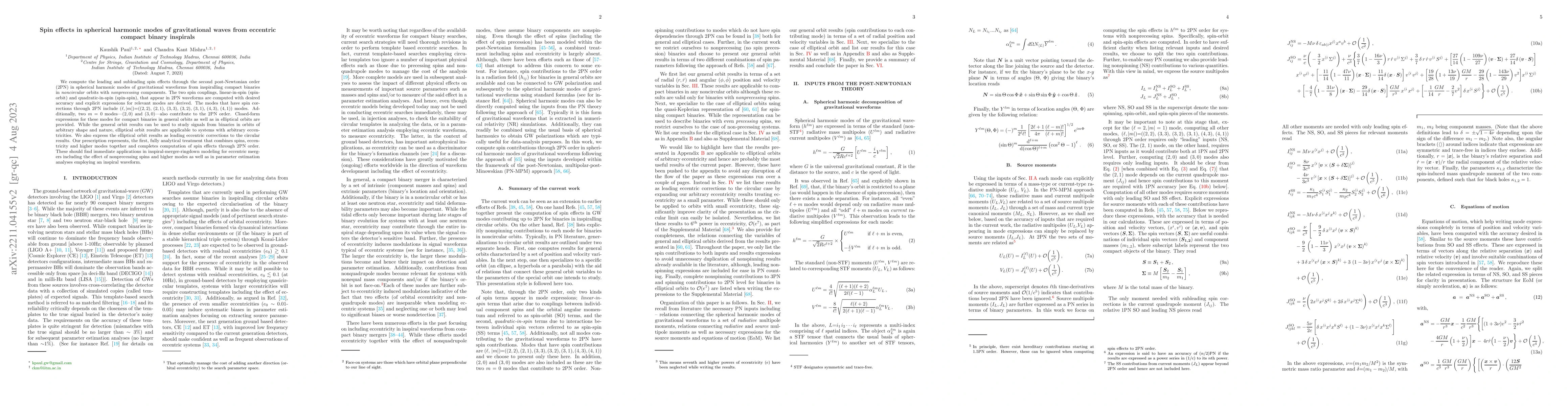 Thumbnail for Spin effects in Spherical Harmonic Modes of Gravitational Waves from
  Eccentric Compact Binary Inspirals