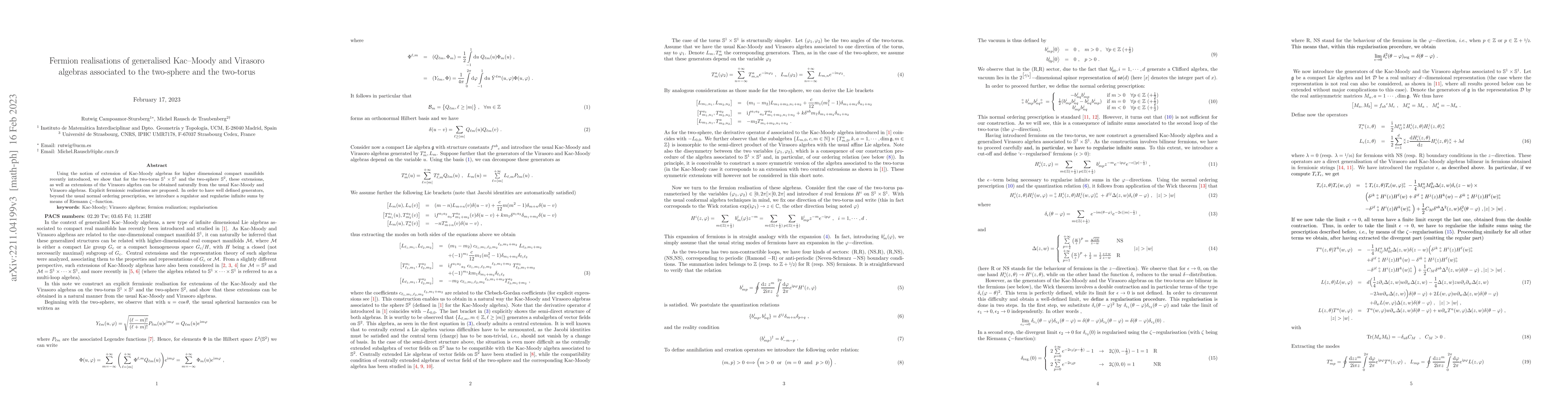 Thumbnail for Fermion realisations of generalised Kac--Moody and Virasoro algebras
  associated to the two-sphere and the two-torus