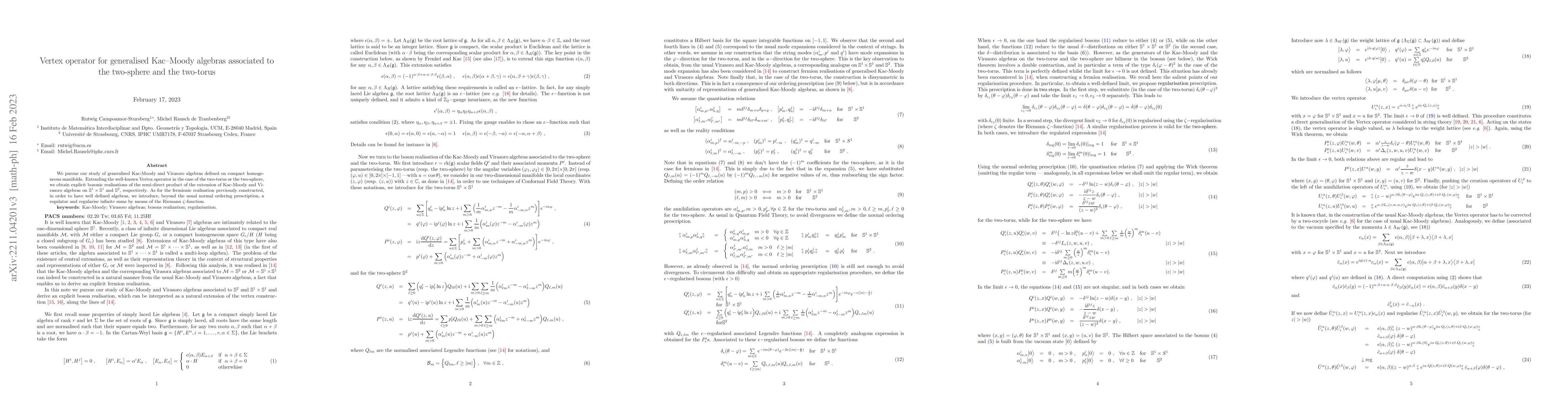 Thumbnail for Vertex operator for generalised Kac--Moody algebras associated to the
  two-sphere and the two-torus