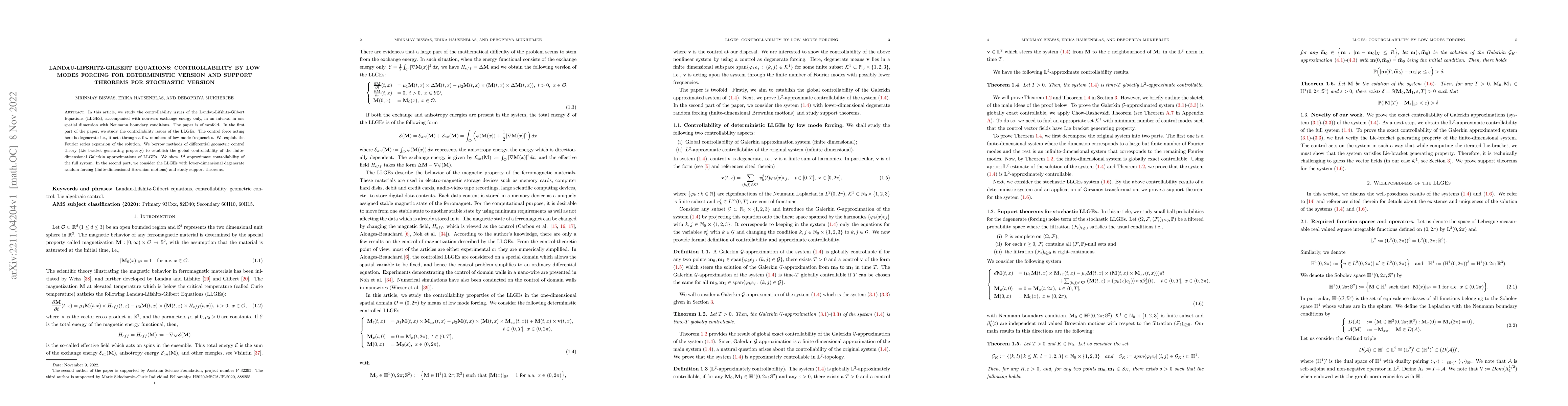Thumbnail for Landau-Lifshitz-Gilbert equations: Controllability by Low Modes Forcing
  for deterministic version and Support Theorems for Stochastic version