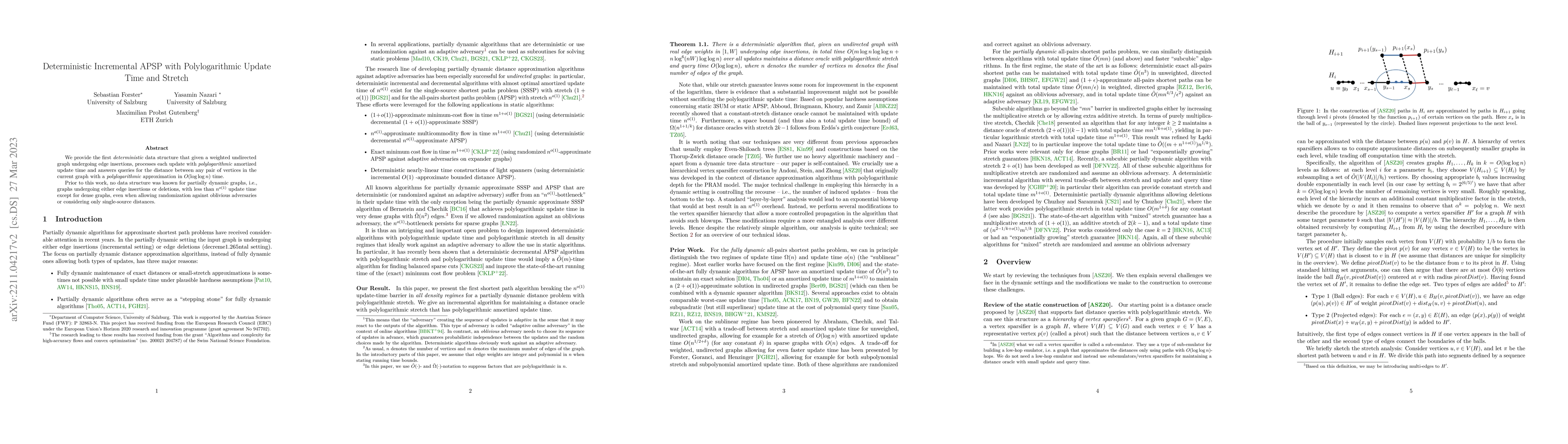 Thumbnail for Deterministic Incremental APSP with Polylogarithmic Update Time and
  Stretch