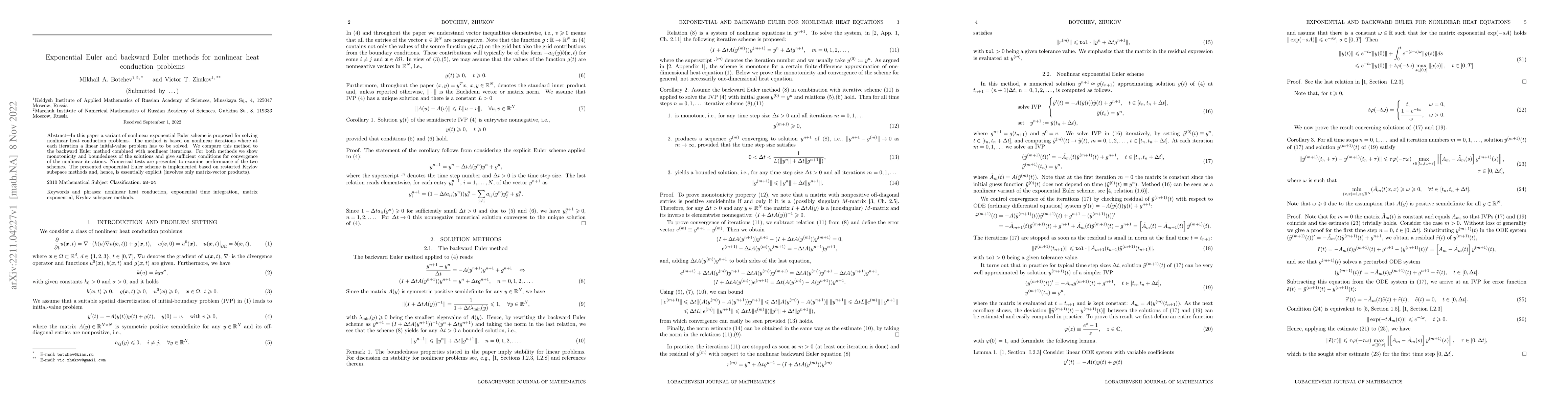 Thumbnail for Exponential Euler and backward Euler methods for nonlinear heat
  conduction problems