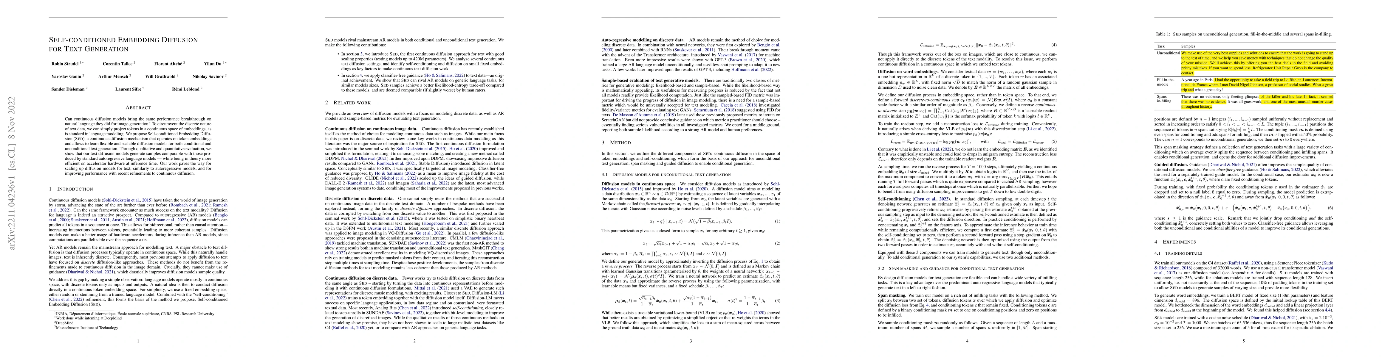 Thumbnail for Self-conditioned Embedding Diffusion for Text Generation