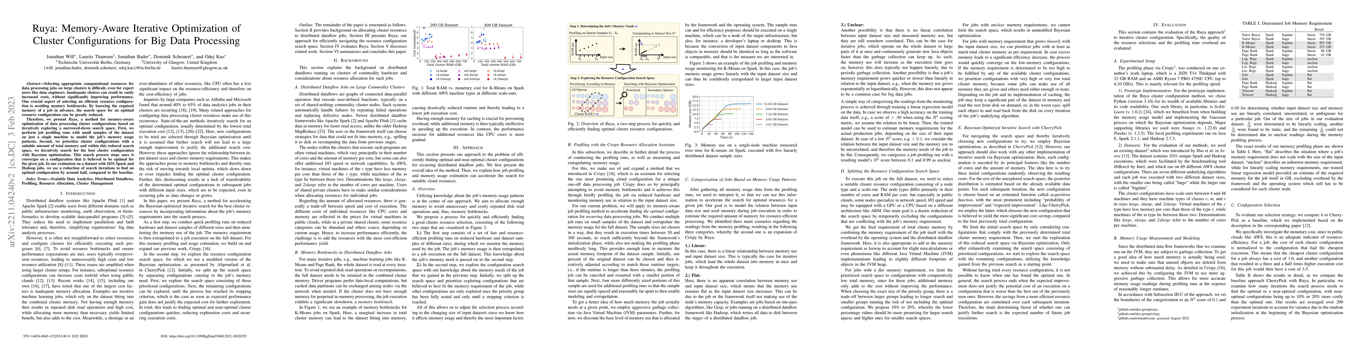 Thumbnail for Ruya: Memory-Aware Iterative Optimization of Cluster Configurations for
  Big Data Processing