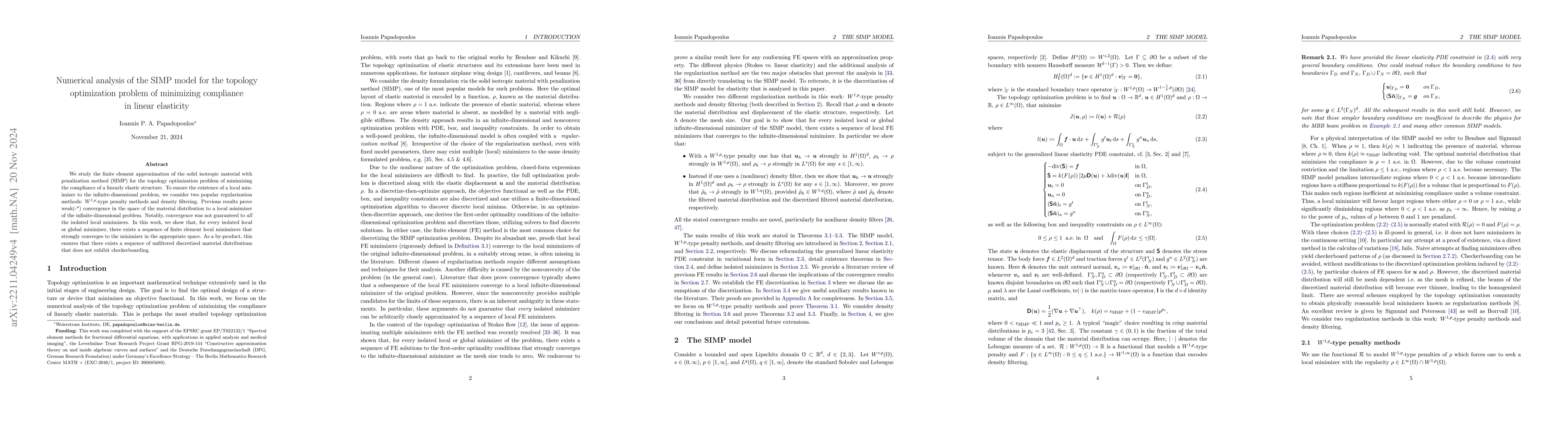 Thumbnail for Numerical analysis of the SIMP model for the topology optimization
  problem of minimizing compliance in linear elasticity