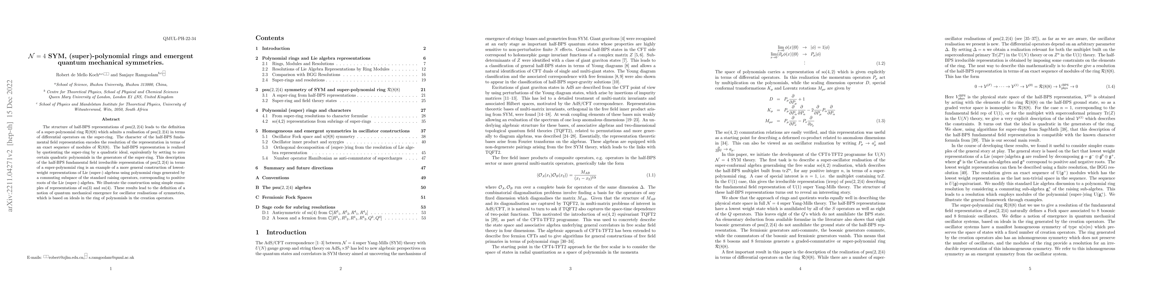 Thumbnail for $\mathcal{N}=4$ SYM, (super)-polynomial rings and emergent quantum
  mechanical symmetries