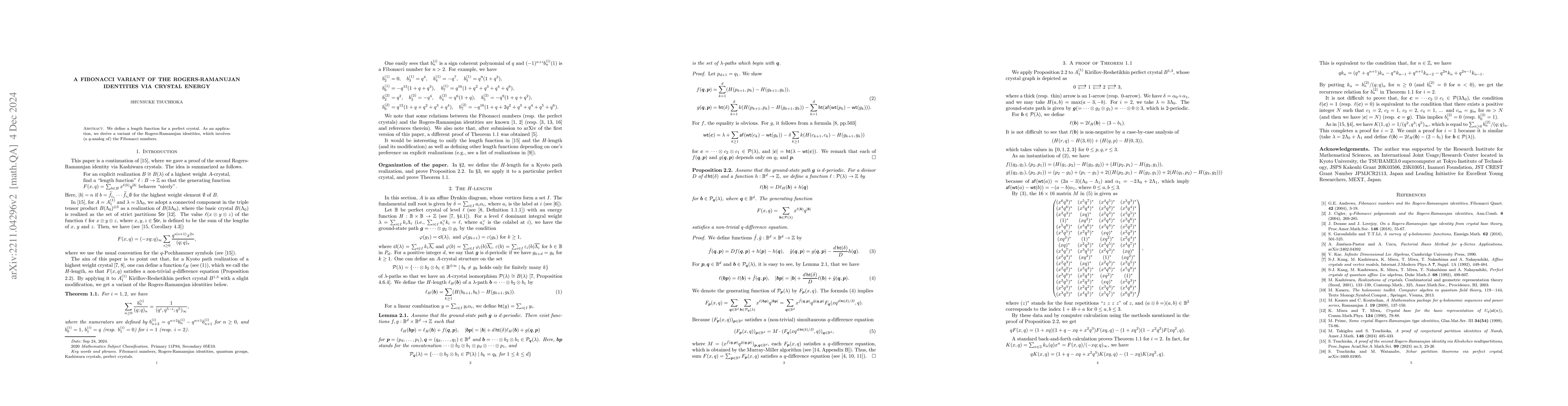 Thumbnail for A Fibonacci variant of the Rogers-Ramanujan identities via crystal
  energy
