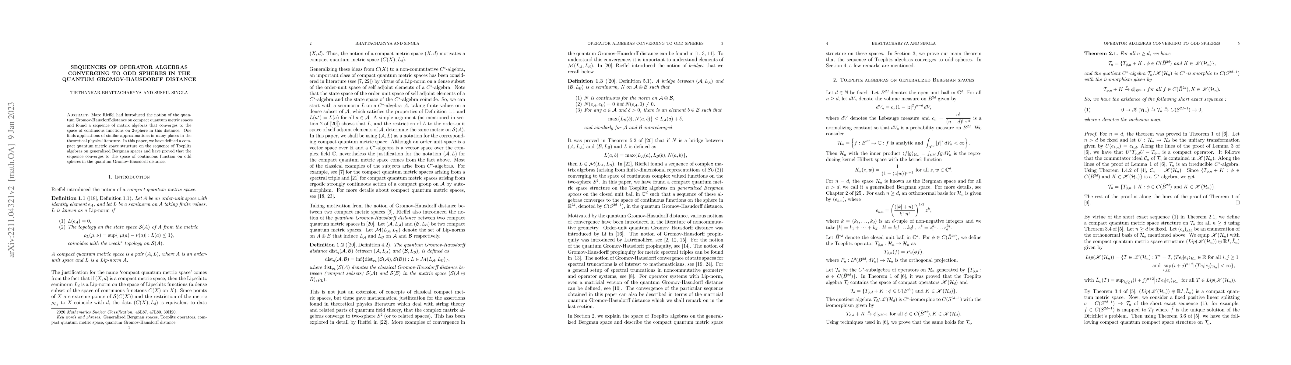 Thumbnail for Sequences of operator algebras converging to odd spheres in the quantum
  Gromov-Hausdorff distance