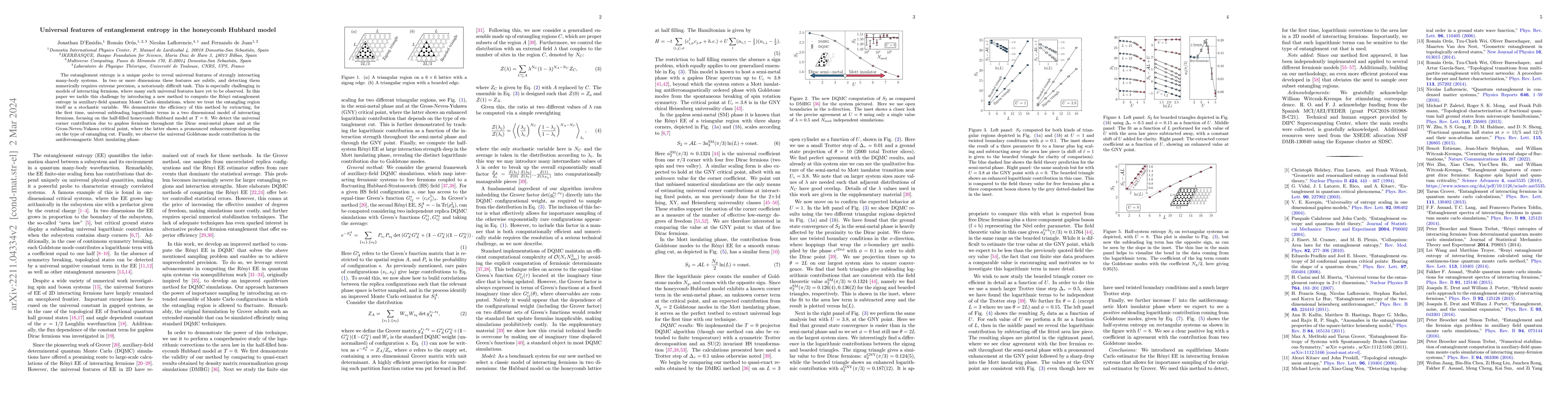 Thumbnail for Universal features of entanglement entropy in the honeycomb Hubbard
  model