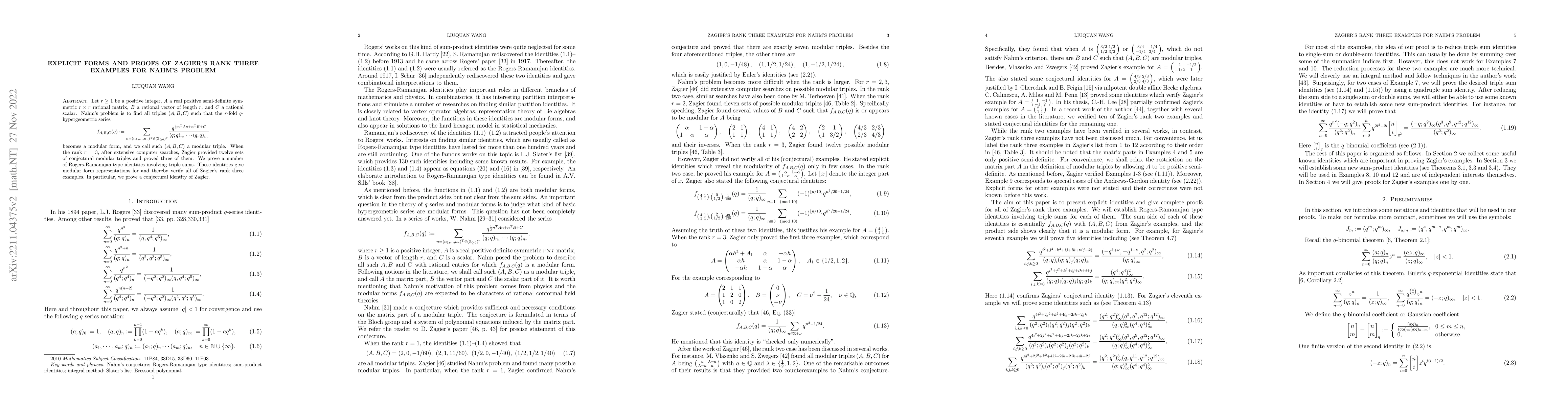 Thumbnail for Explicit Forms and Proofs of Zagier's Rank Three Examples for Nahm's
  Problem