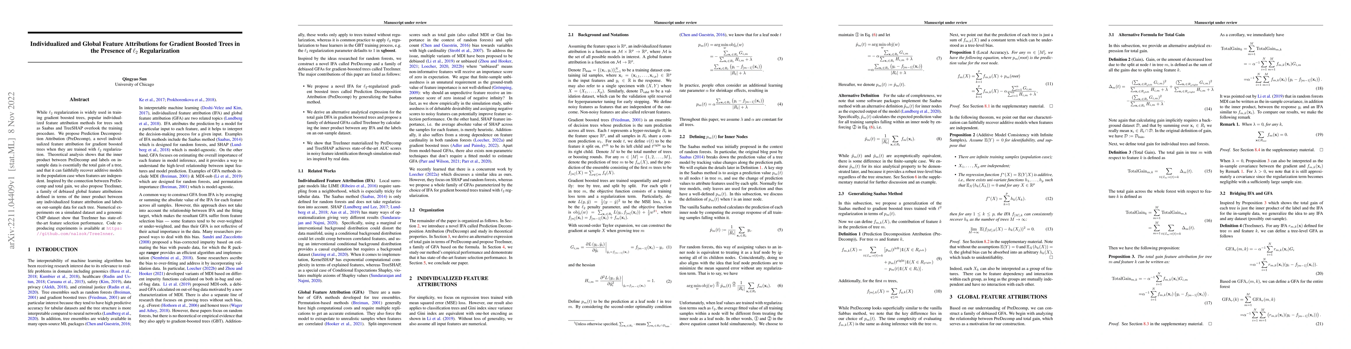 Thumbnail for Individualized and Global Feature Attributions for Gradient Boosted
  Trees in the Presence of $\ell_2$ Regularization