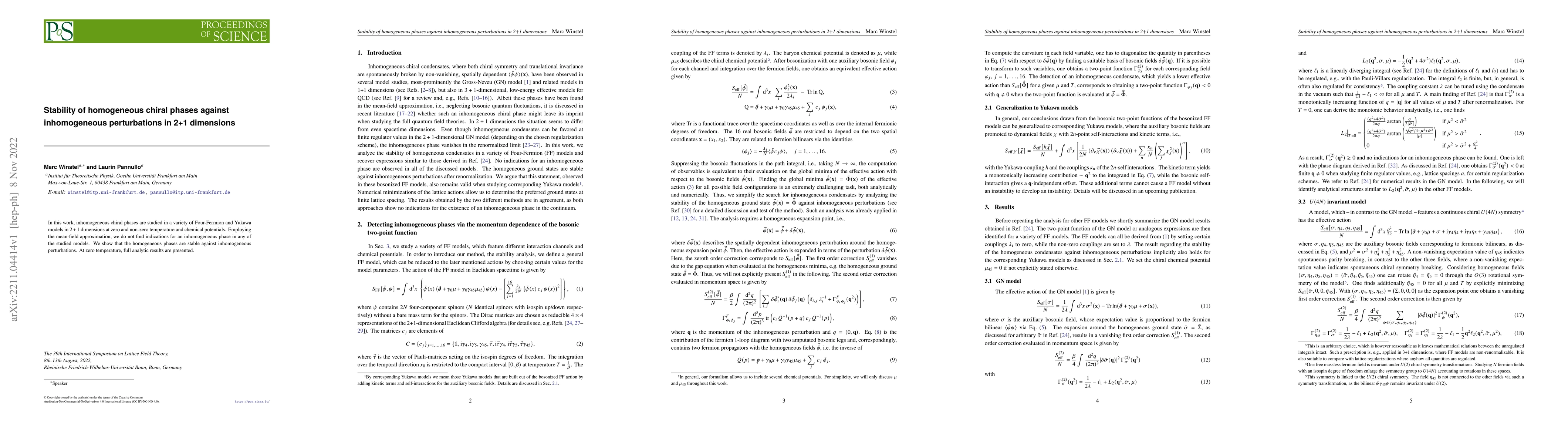 Thumbnail for Stability of homogeneous chiral phases against inhomogeneous
  perturbations in 2+1 dimensions