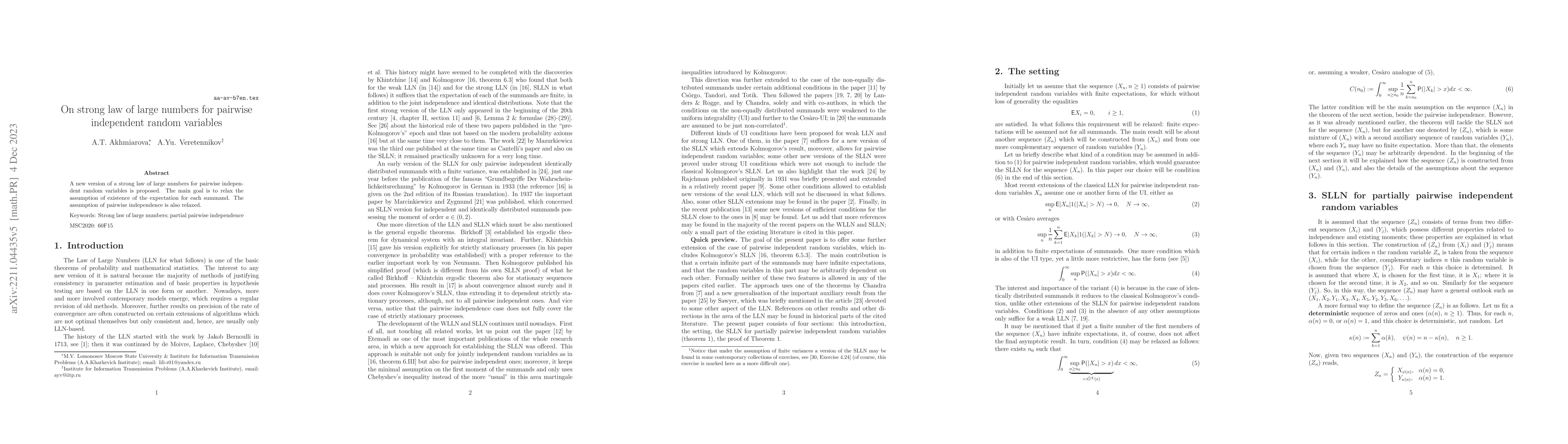Thumbnail for On Strong Law of Large Numbers for pairwise independent random variables
