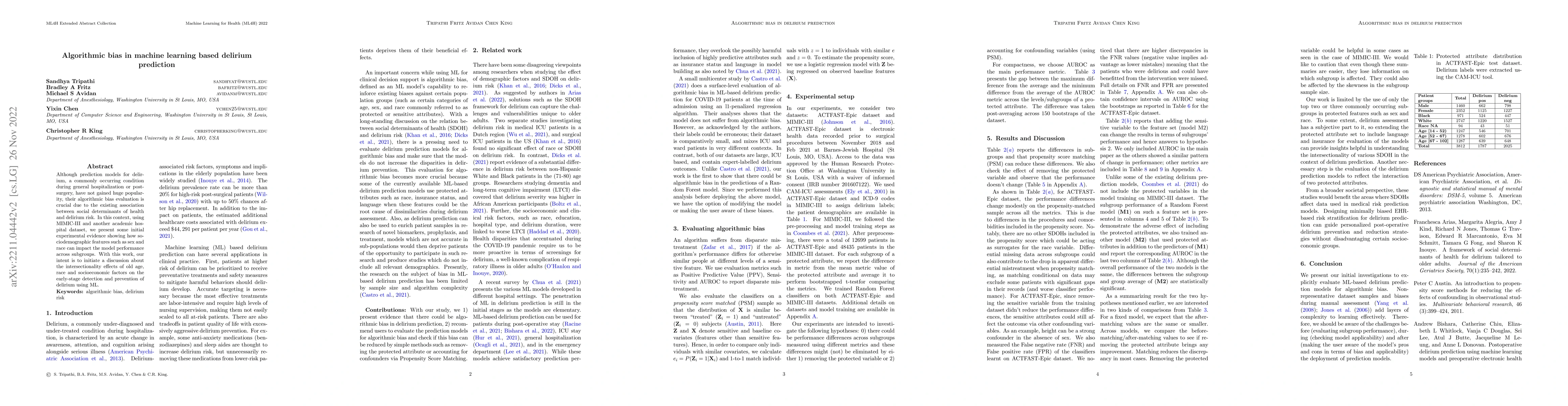 Thumbnail for Algorithmic Bias in Machine Learning Based Delirium Prediction