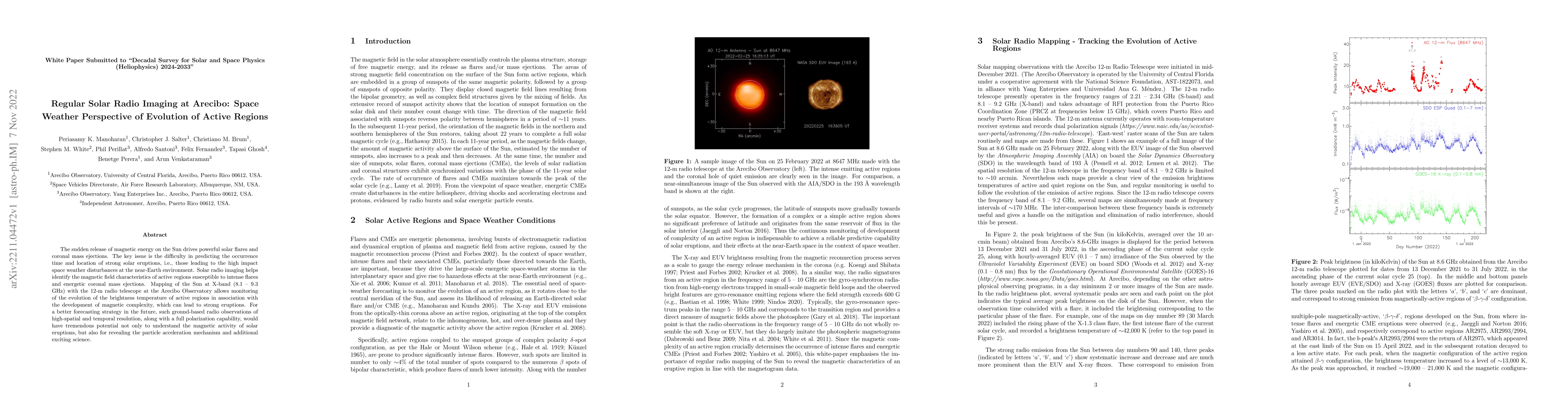 Thumbnail for Regular Solar Radio Imaging at Arecibo: Space Weather Perspective of
  Evolution of Active Regions