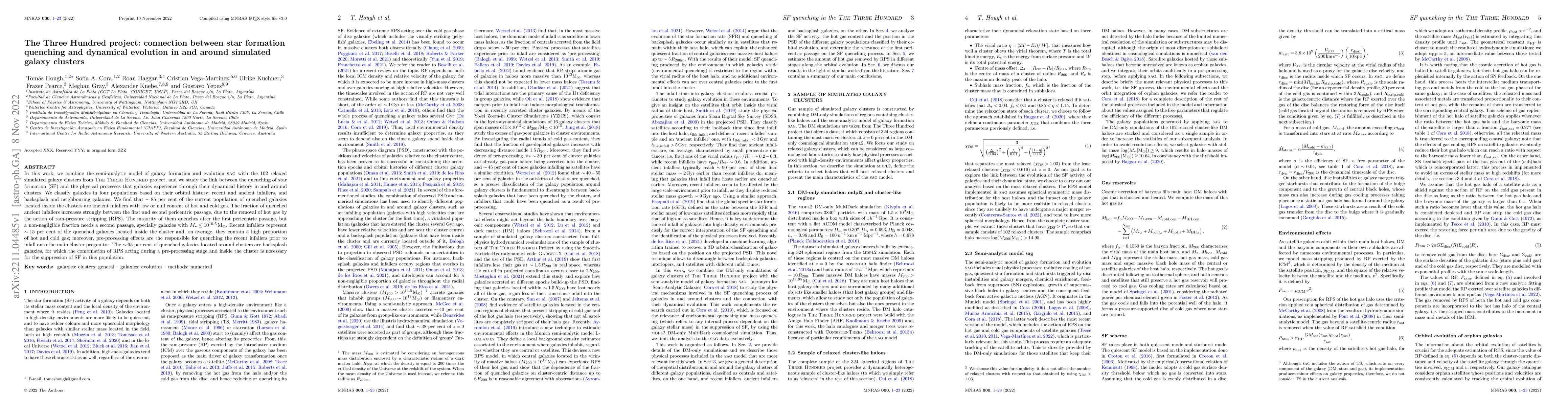 Thumbnail for The Three Hundred project: connection between star formation quenching
  and dynamical evolution in and around simulated galaxy clusters