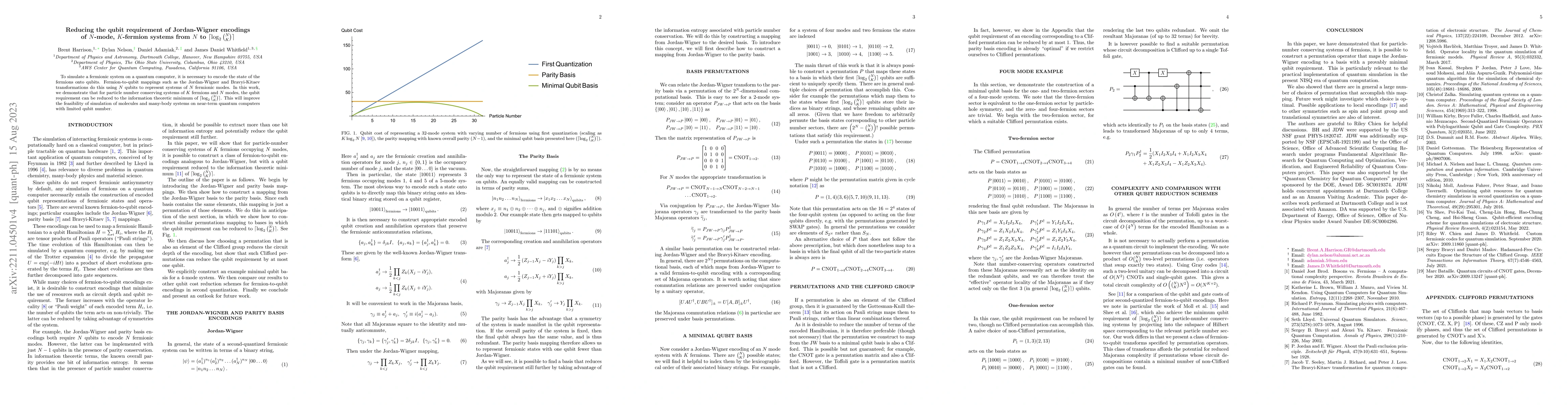 Thumbnail for Reducing the qubit requirement of Jordan-Wigner encodings of $N$-mode,
  $K$-fermion systems from $N$ to $\lceil \log_2 {N \choose K} \rceil$