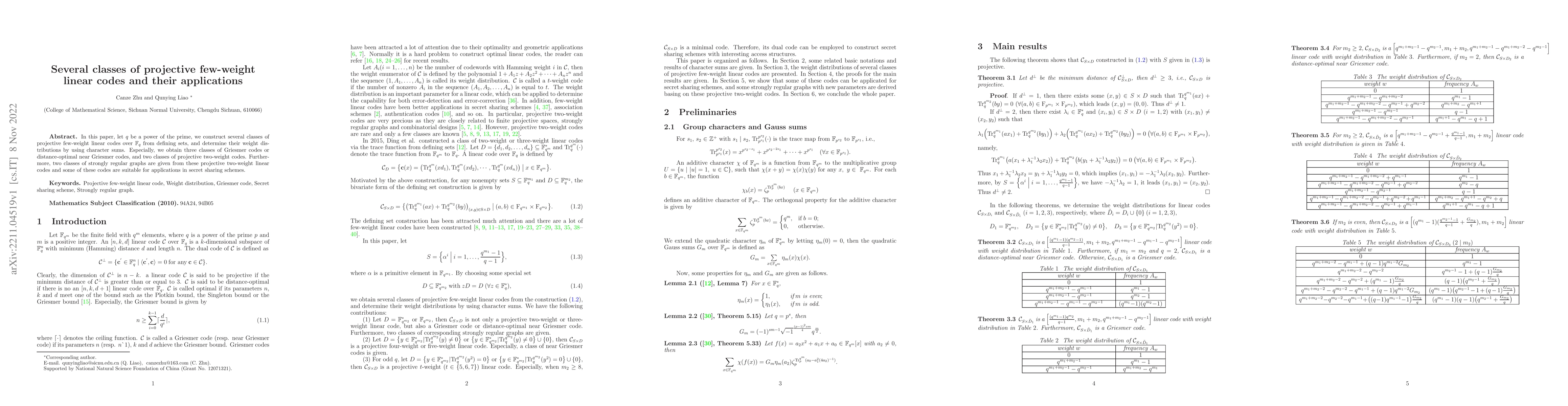 Thumbnail for Several classes of projective few-weight linear codes and their
  applications