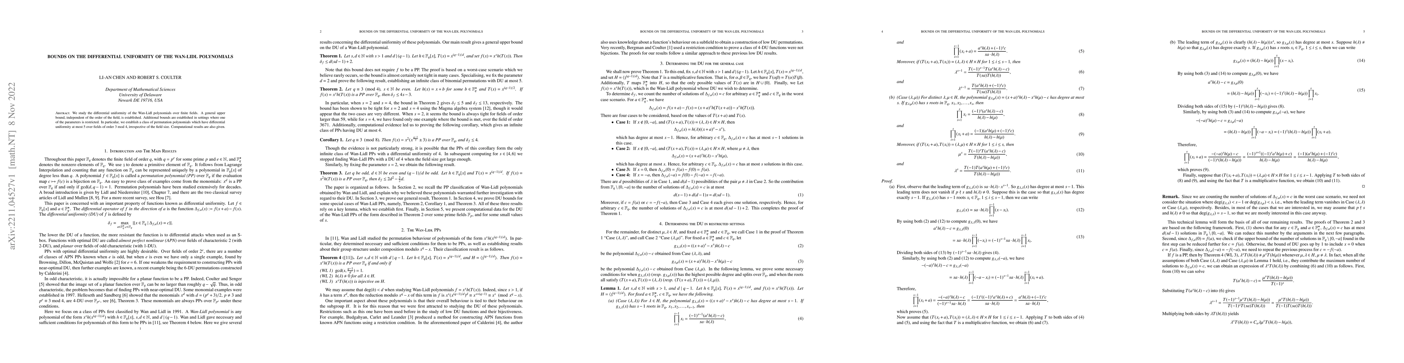 Thumbnail for Bounds on the differential uniformity of the Wan-Lidl polynomials