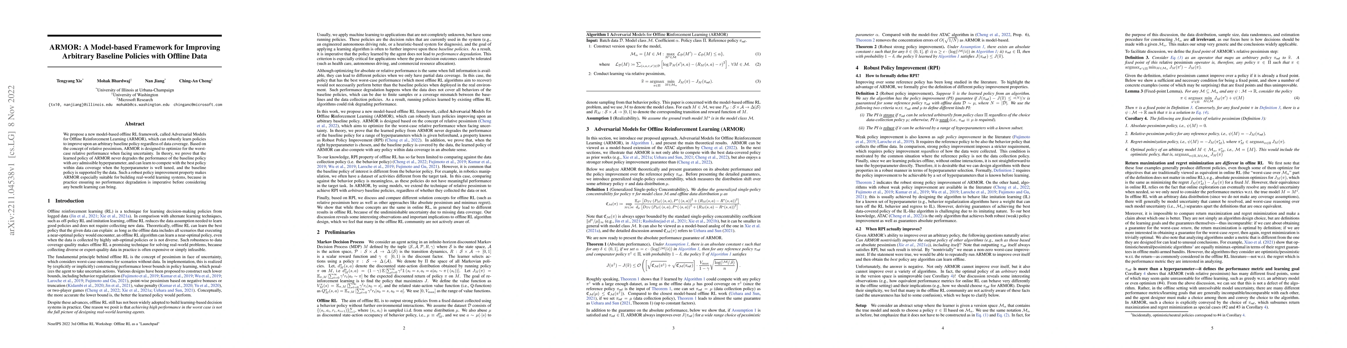 Thumbnail for ARMOR: A Model-based Framework for Improving Arbitrary Baseline Policies
  with Offline Data