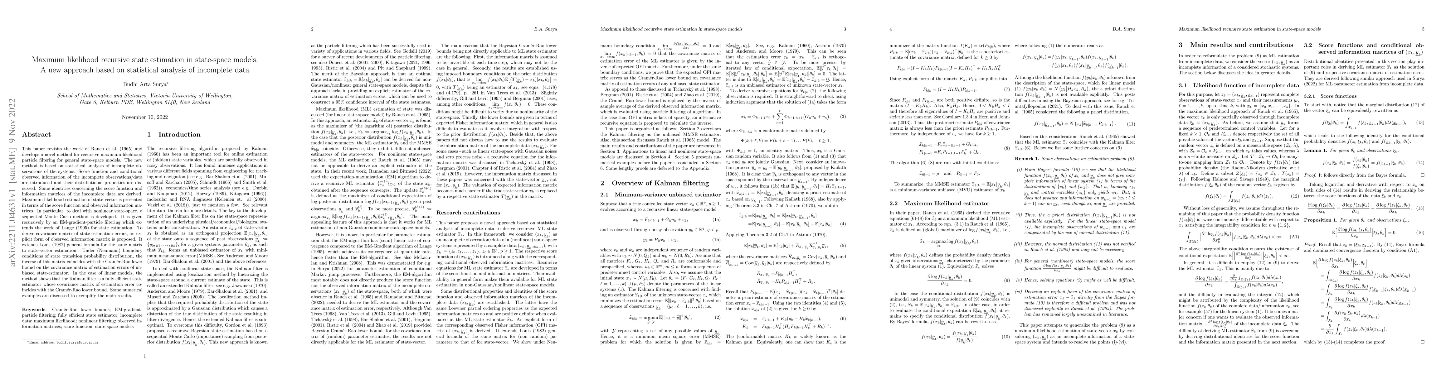 Thumbnail for Maximum likelihood recursive state estimation in state-space models: A
  new approach based on statistical analysis of incomplete data